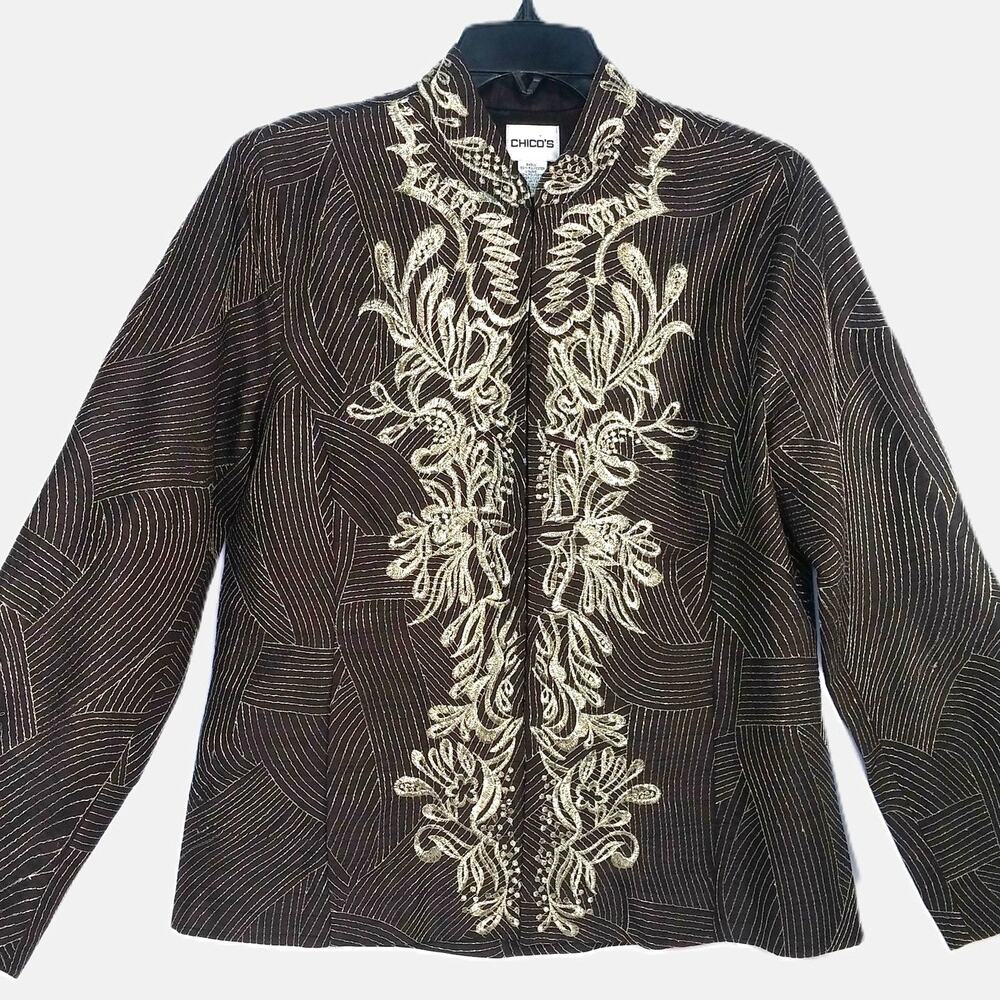 Chico's Embroidered Metallic Evening Jacket Mandarin Collar Floral Elegant Sz M